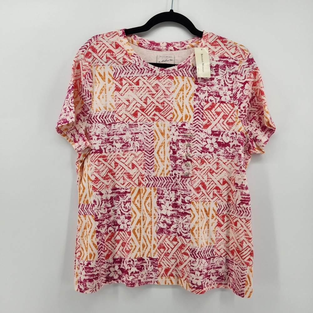 Studio‎ Works Petite PXL Short Sleeve T-Shirt Pink Orange Abstract Print